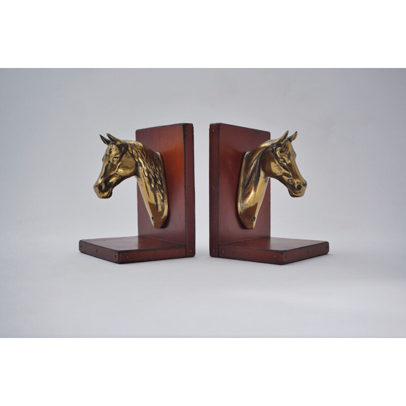 Pair of vintage French horse bookends in brass & leather, 1950s