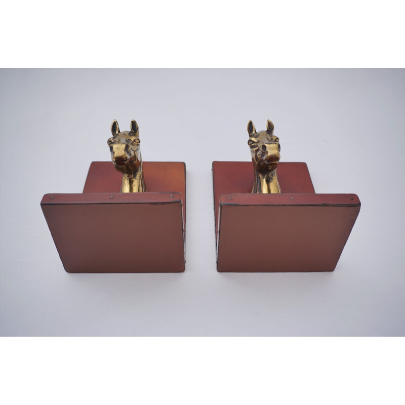 Pair of vintage French horse bookends in brass & leather, 1950s