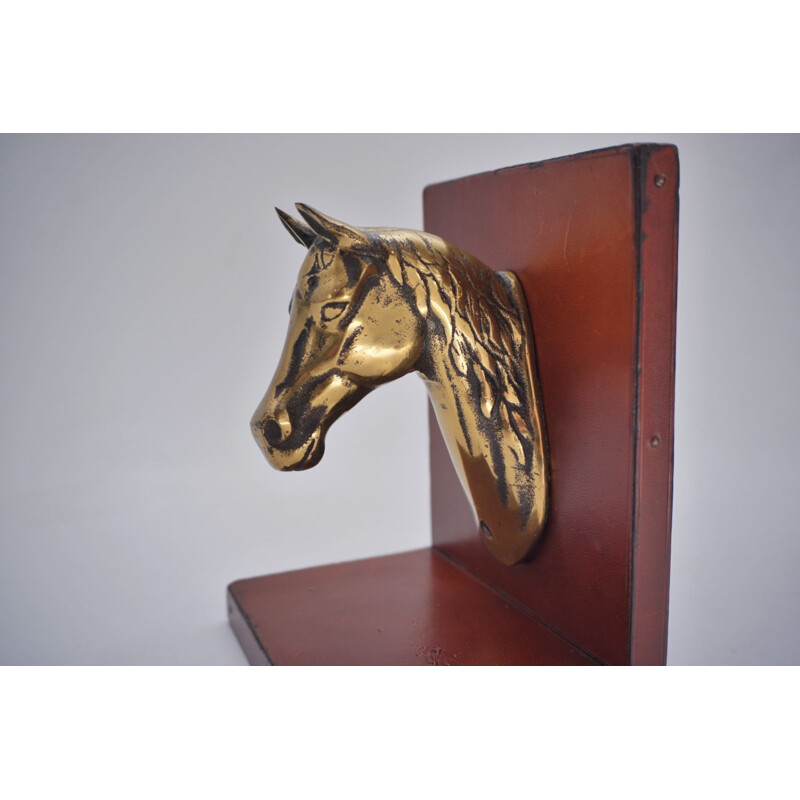 Pair of vintage French horse bookends in brass & leather, 1950s