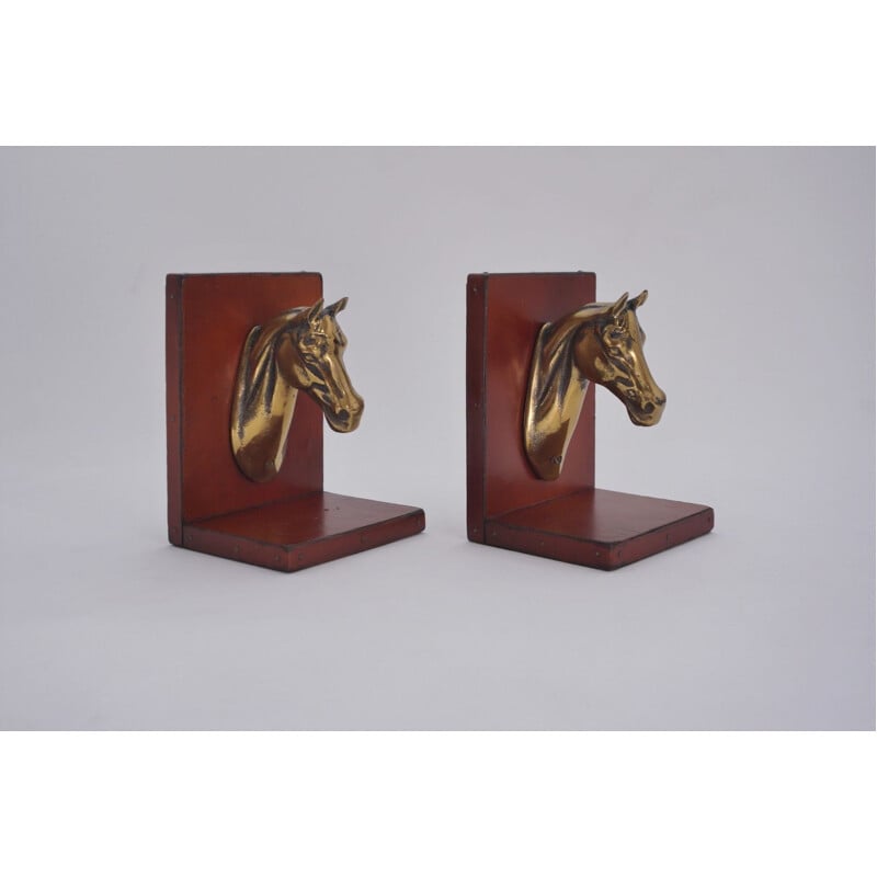 Pair of vintage French horse bookends in brass & leather, 1950s