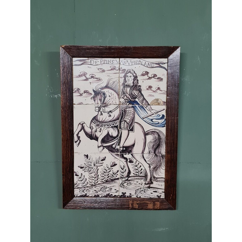 Vintage ceramic tile painting with oak frame, Netherlands 1730