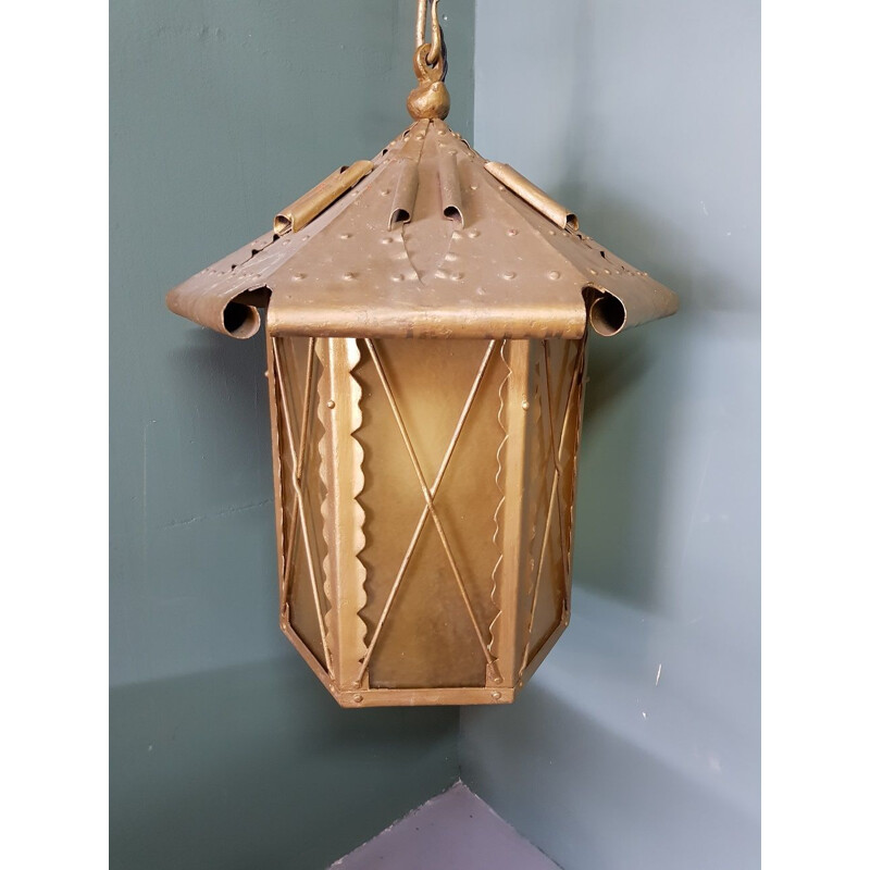Vintage outdoor pendant lamp in gold metal with brown glass