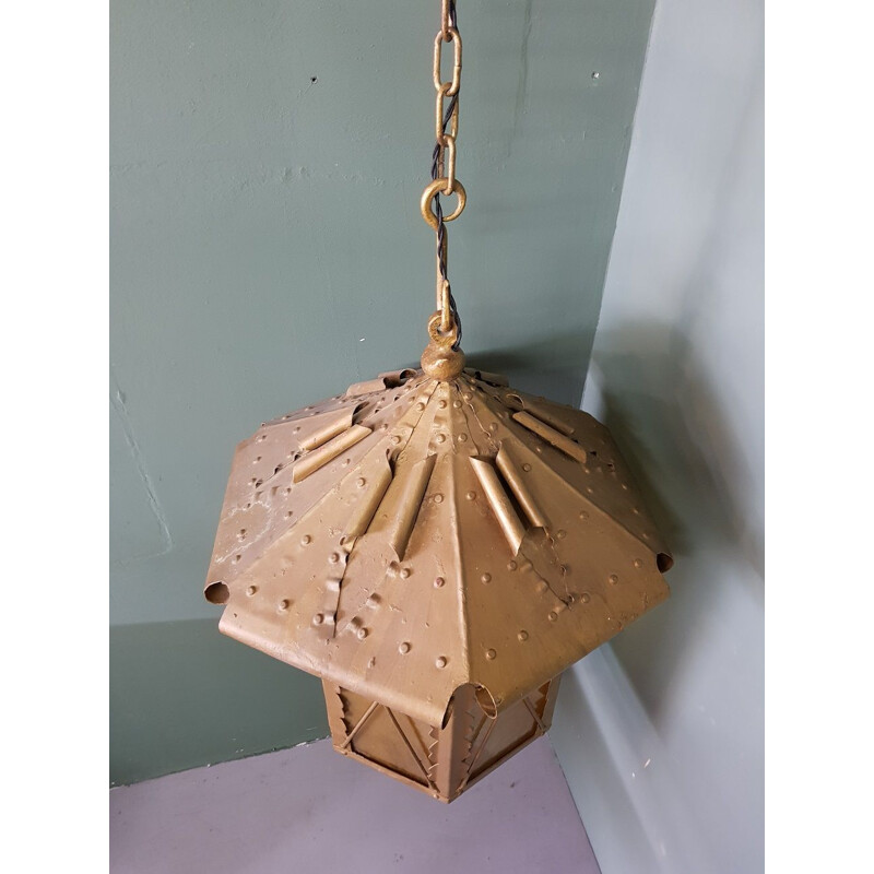 Vintage outdoor pendant lamp in gold metal with brown glass