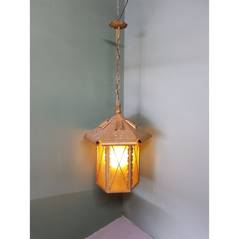 Vintage outdoor pendant lamp in gold metal with brown glass