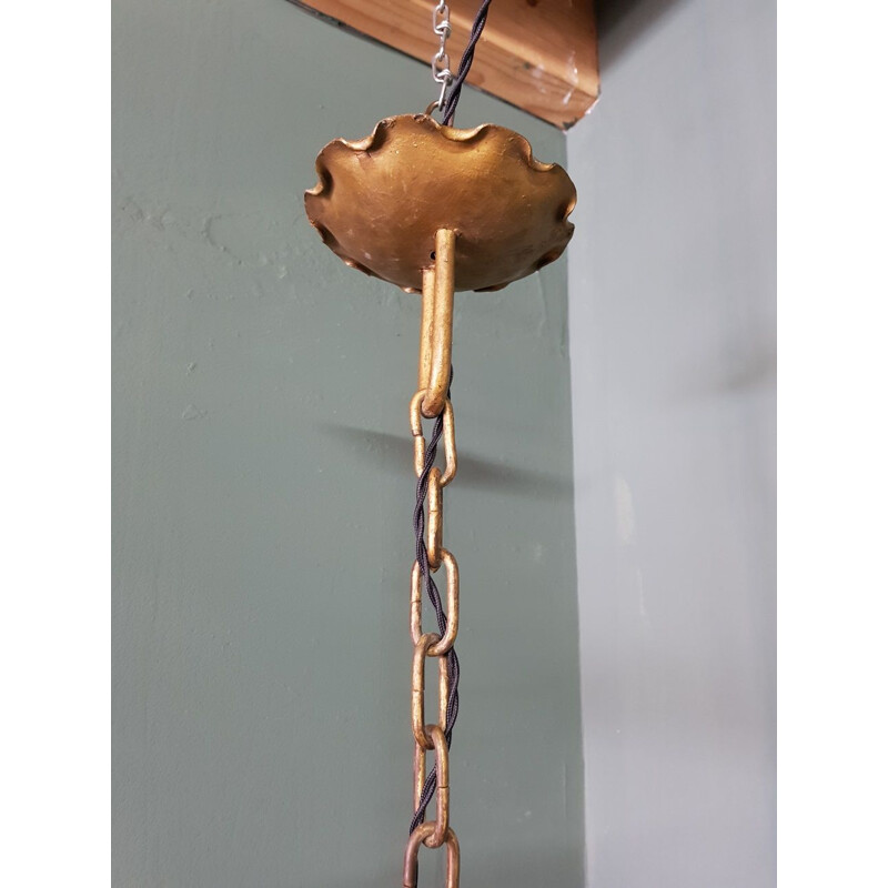 Lámpara colgante vintage de exterior en metal dorado con cristal marrón