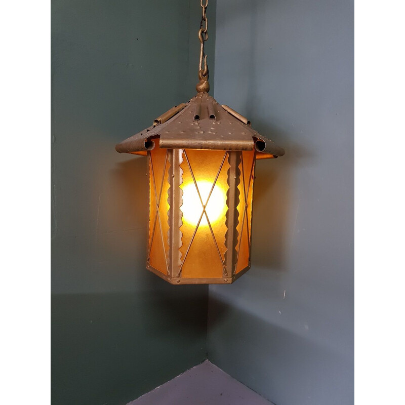 Vintage outdoor pendant lamp in gold metal with brown glass