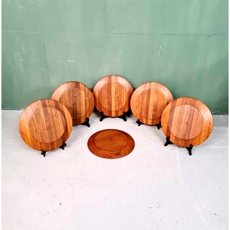 Set of 6 vintage teak plates from Esa, Denmark 1960s