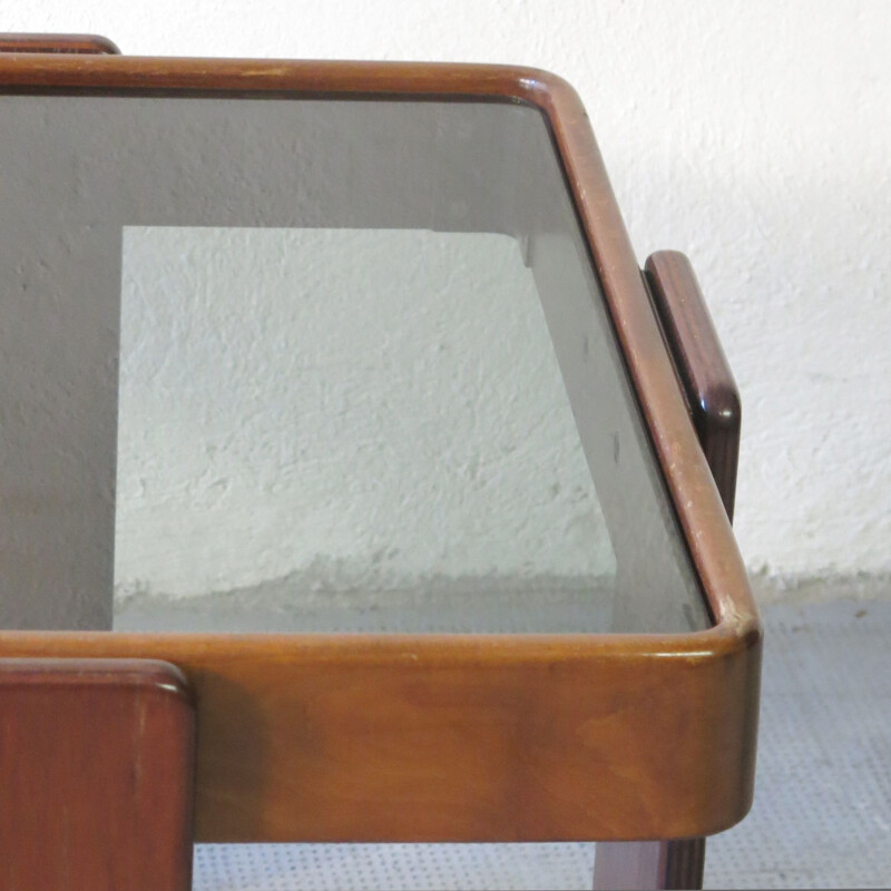 Vintage side table in dark oakwood and smoked glass by Gianfranco Frattini for Cassina, 1960