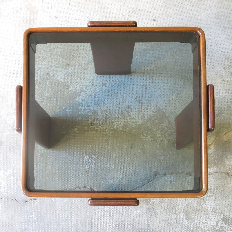 Vintage side table in dark oakwood and smoked glass by Gianfranco Frattini for Cassina, 1960