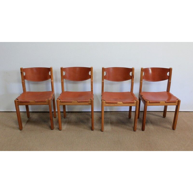 Set of 4 vintage solid elmwood and leather chairs by Maison Regain, 1960 