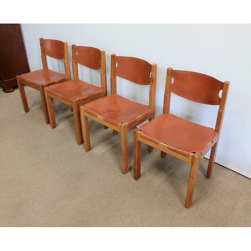 Set of 4 vintage solid elmwood and leather chairs by Maison Regain, 1960 