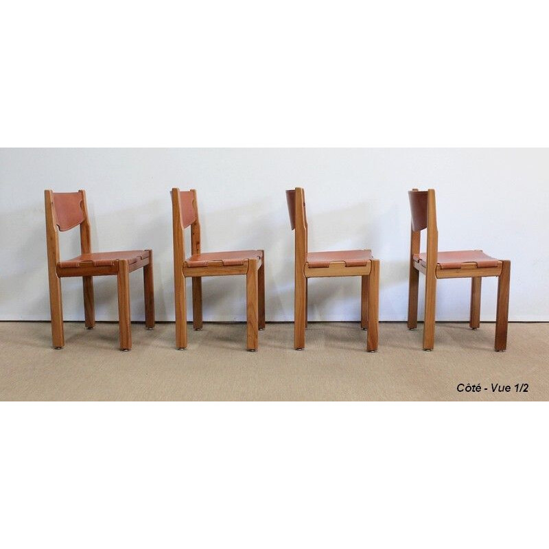 Set of 4 vintage solid elmwood and leather chairs by Maison Regain, 1960 