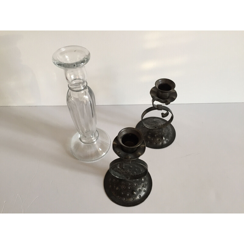 Set of 3 vintage glass and metal candlesticks