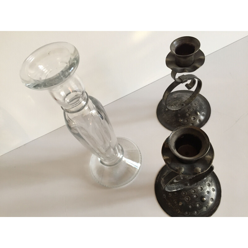 Set of 3 vintage glass and metal candlesticks