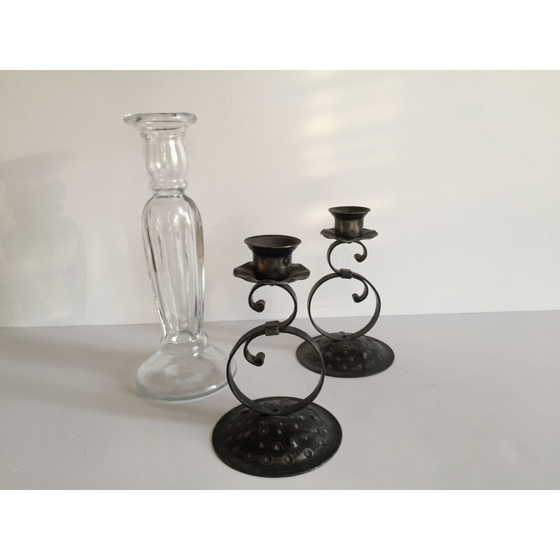 Set of 3 vintage glass and metal candlesticks
