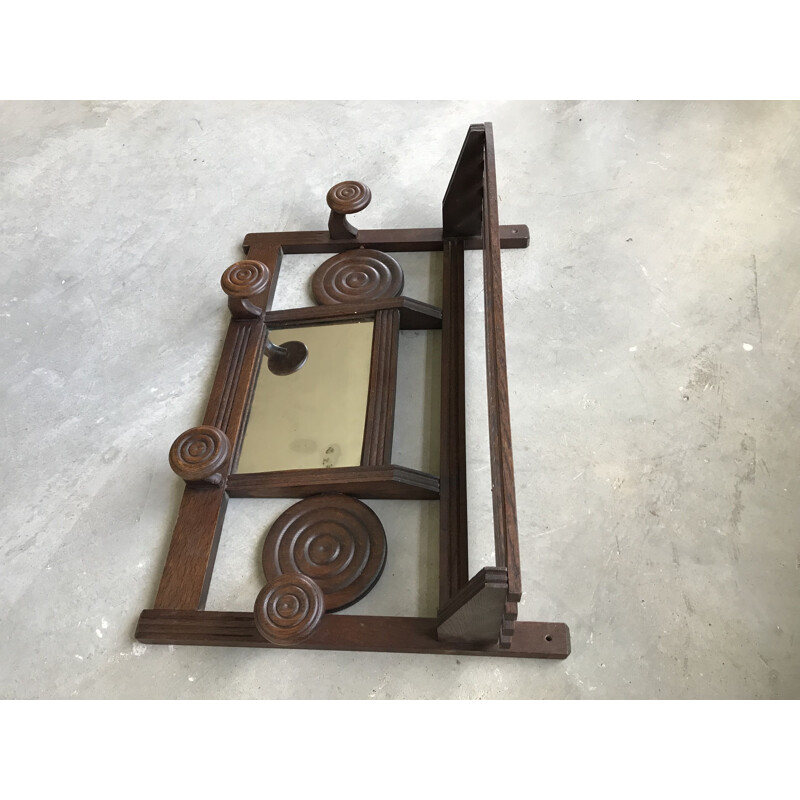 Vintage Art Deco wall coat rack in dark stained oakwood