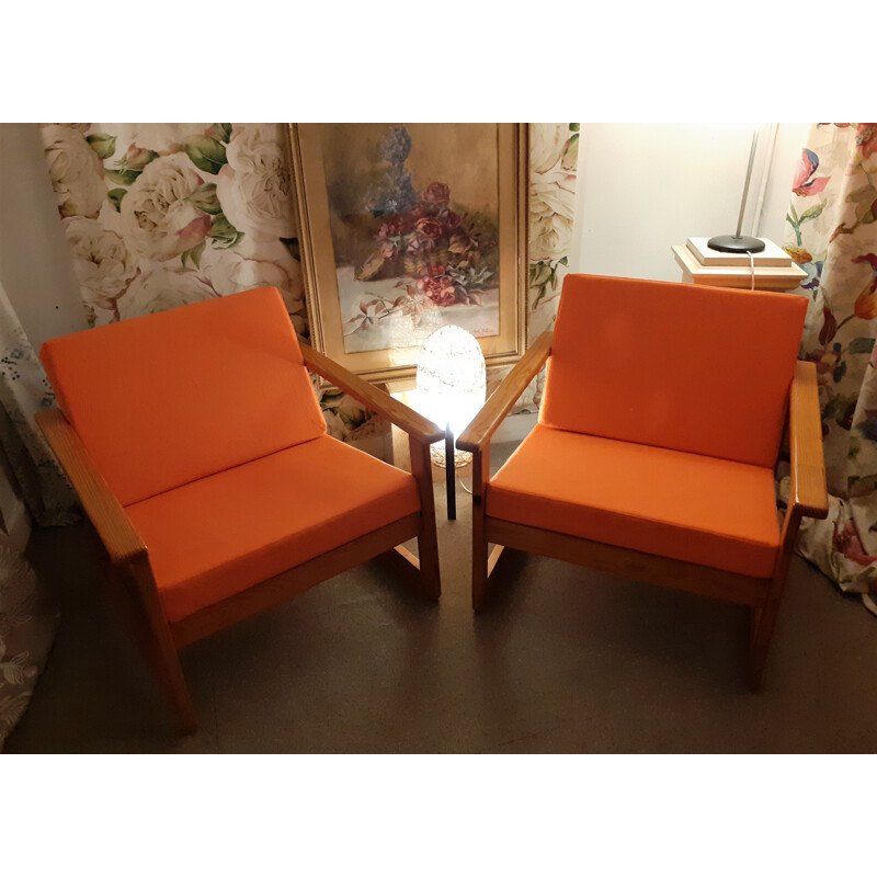 Pair of vintage solid pine and linen armchairs, 1960-1970