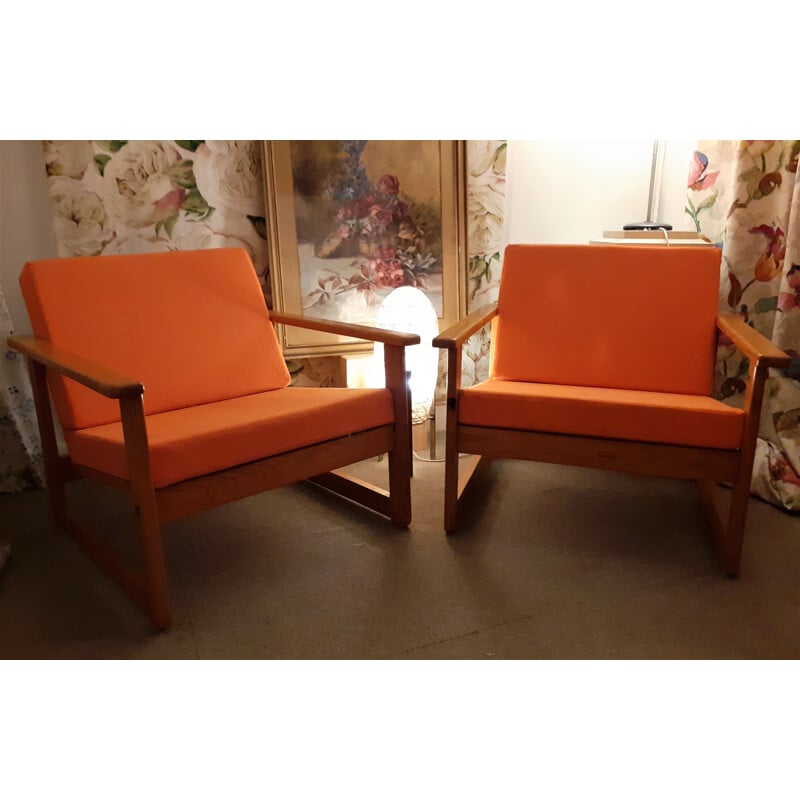 Paire de fauteuils vintage en pin massif et en lin, 1960-1970