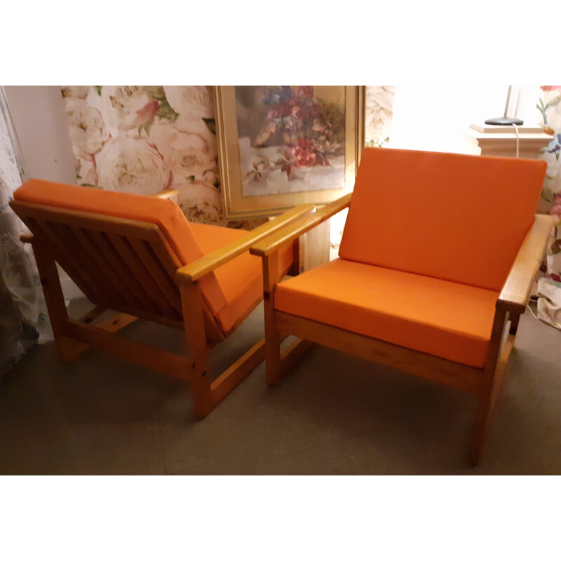 Pair of vintage solid pine and linen armchairs, 1960-1970