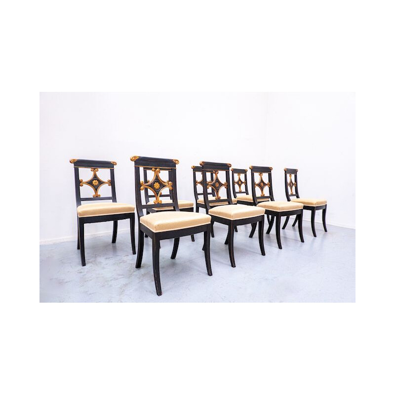 Set of 8 vintage black and gold dining chairs, Belgium