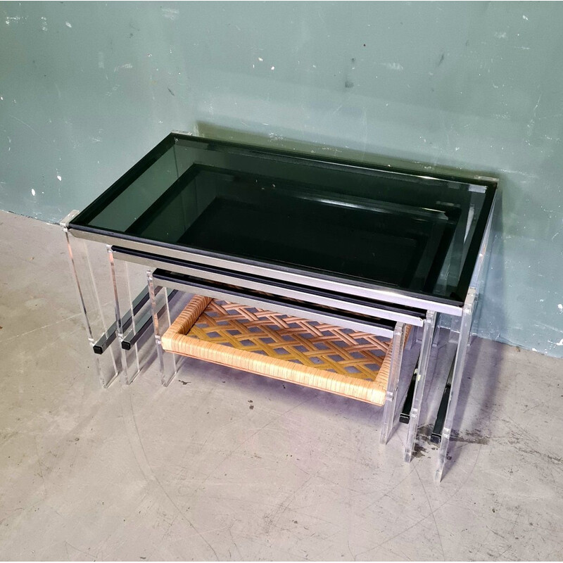 Vintage nesting tables with smoked glass, 1970s