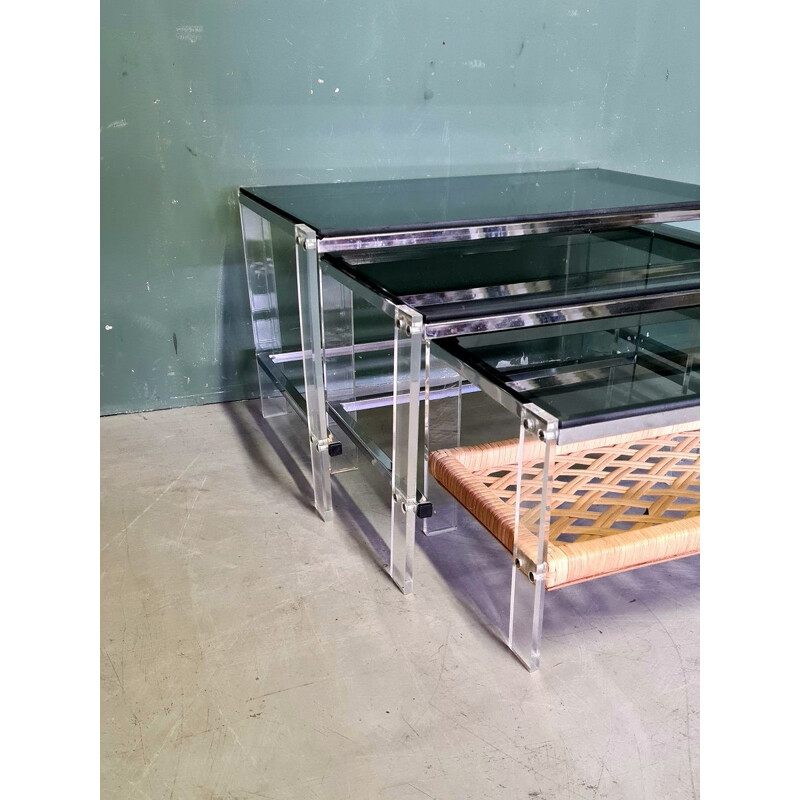 Vintage nesting tables with smoked glass, 1970s