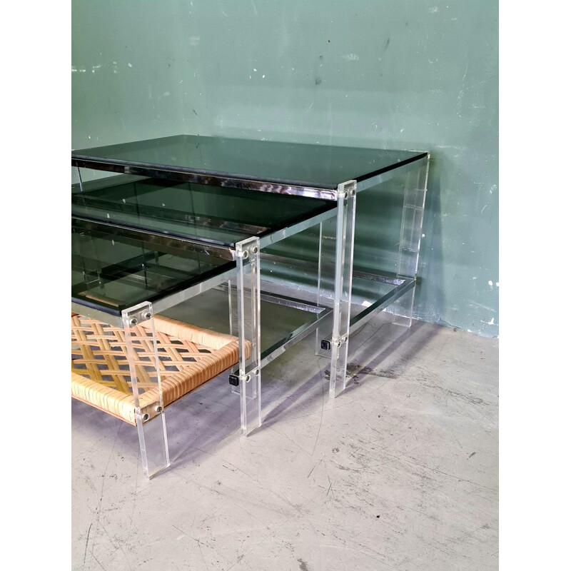 Vintage nesting tables with smoked glass, 1970s