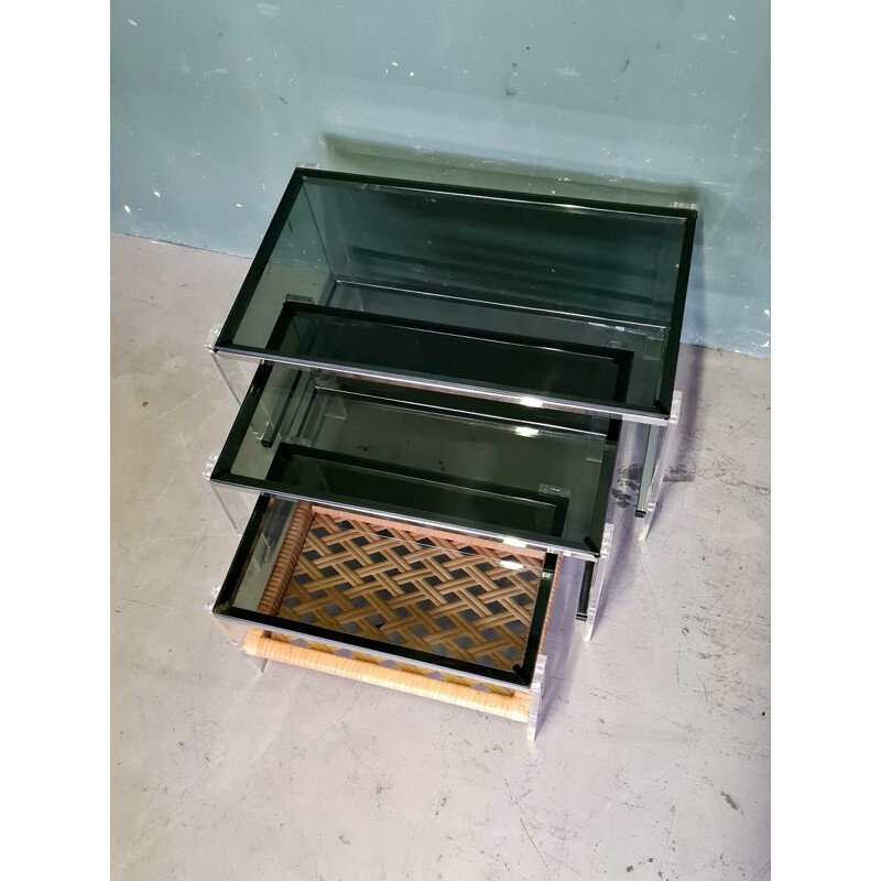 Vintage nesting tables with smoked glass, 1970s