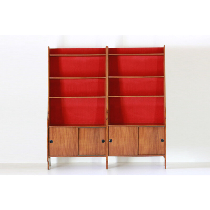 Vintage modular teak and red velvet bookcase, 1960s