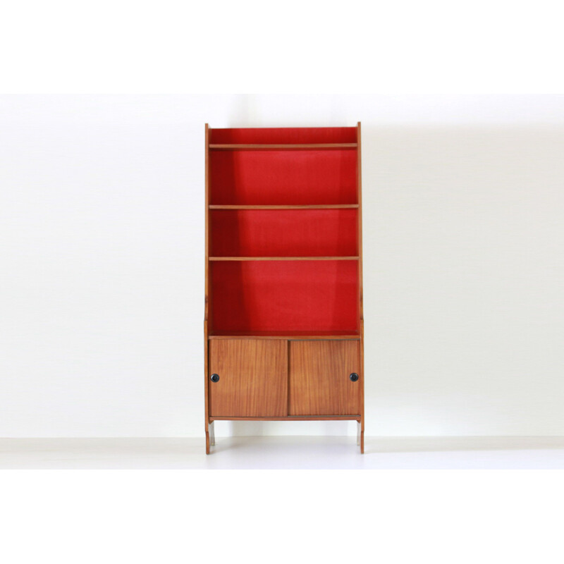 Vintage modular teak and red velvet bookcase, 1960s