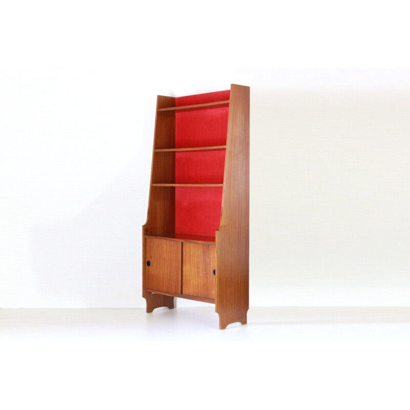 Bibliothèque modulaire vintage en teck et velours rouge, 1960