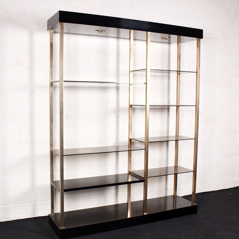 Gold plated and wood Belgochrom shelving unit - 1970s