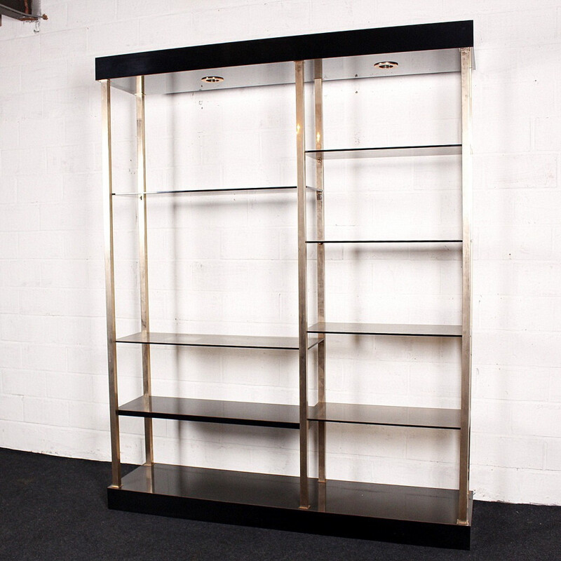 Gold plated and wood Belgochrom shelving unit - 1970s