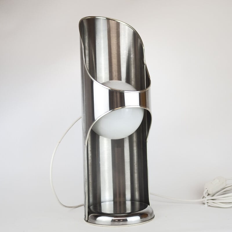 Vintage chrome cylindrical structure desk lamp with white globe ball, 1960s