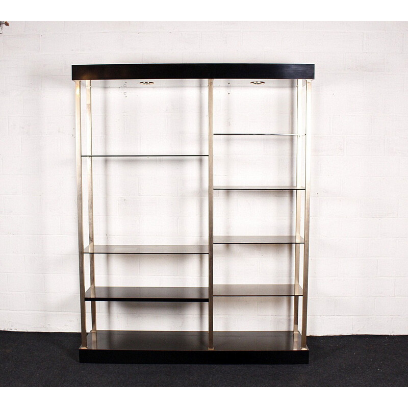 Gold plated and wood Belgochrom shelving unit - 1970s