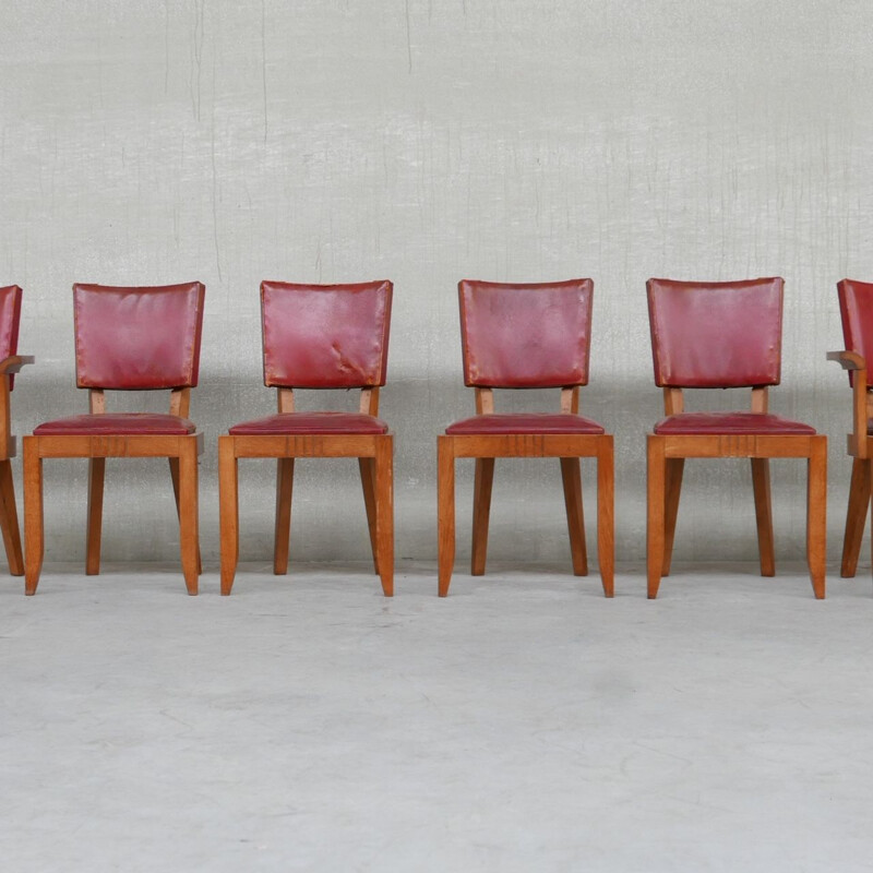 Set of 6 vintage oakwood dining chairs by Dudouyt, France 1940s
