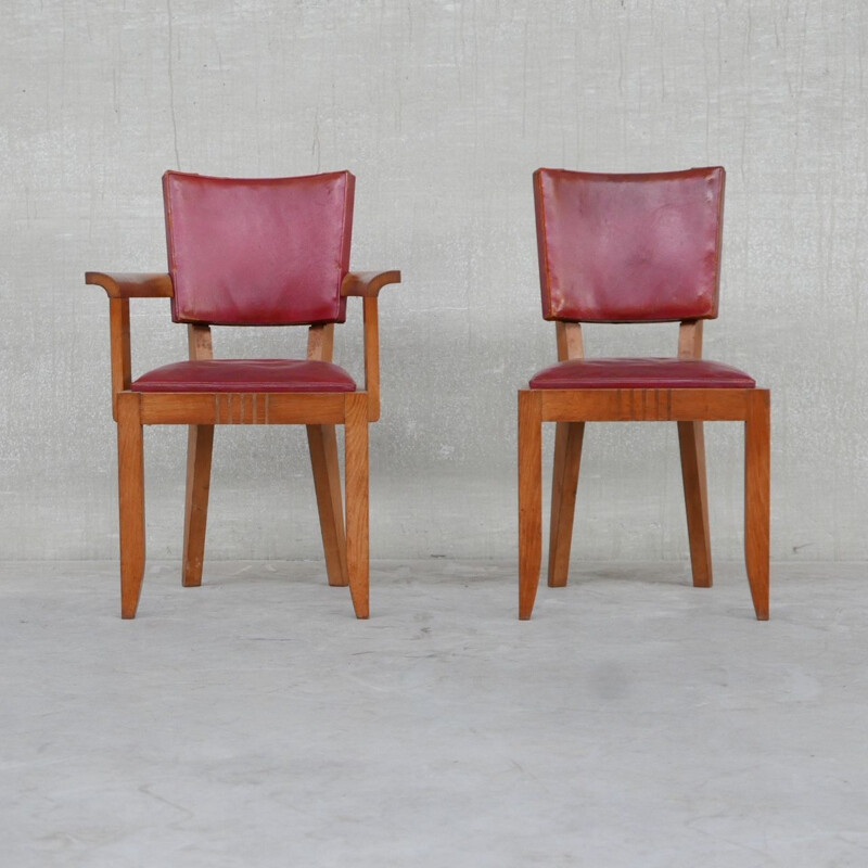 Set of 6 vintage oakwood dining chairs by Dudouyt, France 1940s