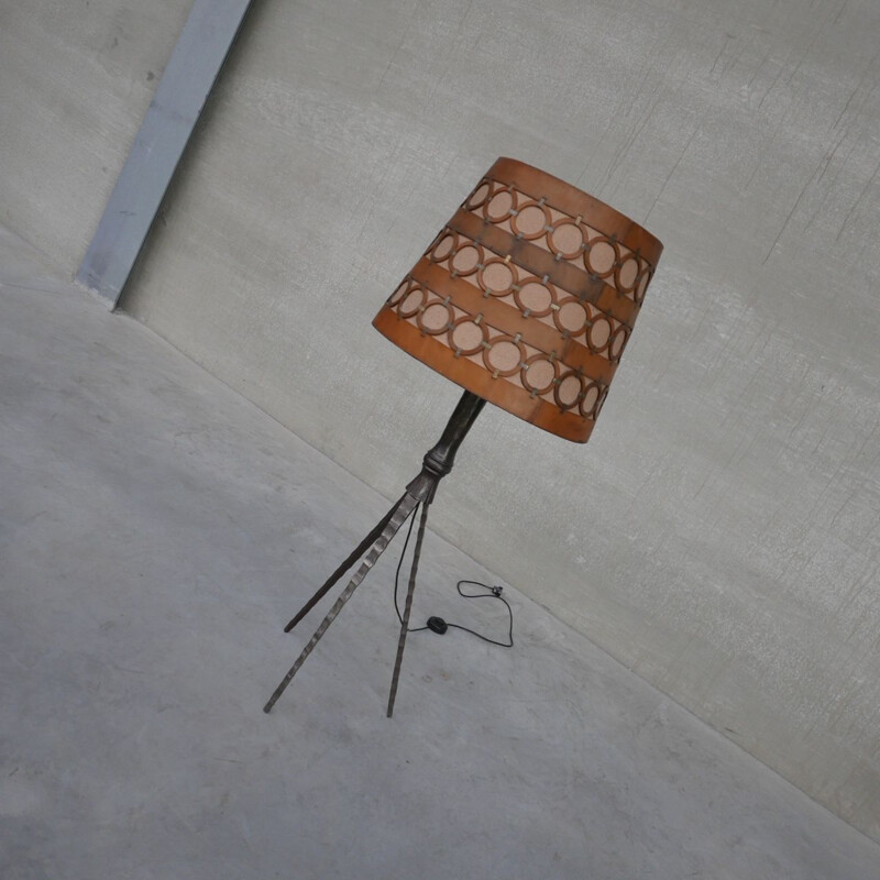 Iron and leather Brutalist mid-century Spanish floor lamp, 1950s