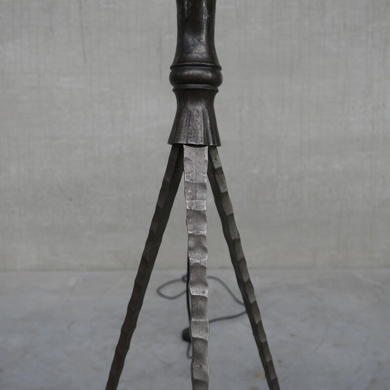 Iron and leather Brutalist mid-century Spanish floor lamp, 1950s