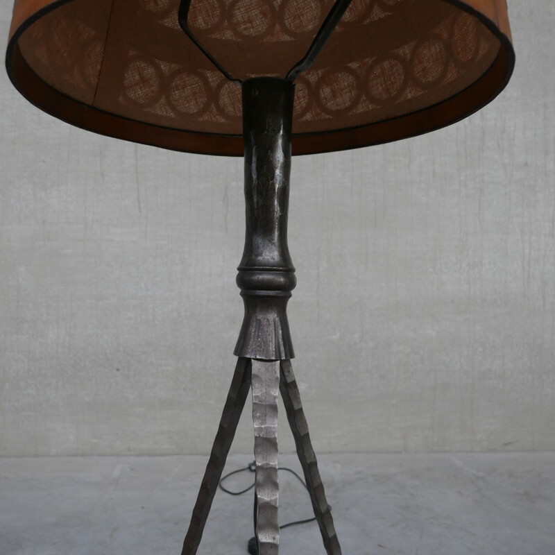 Iron and leather Brutalist mid-century Spanish floor lamp, 1950s
