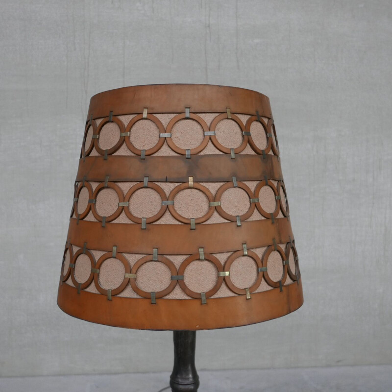 Iron and leather Brutalist mid-century Spanish floor lamp, 1950s