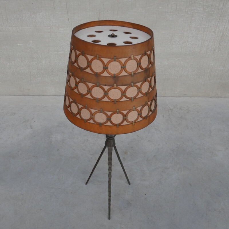 Iron and leather Brutalist mid-century Spanish floor lamp, 1950s