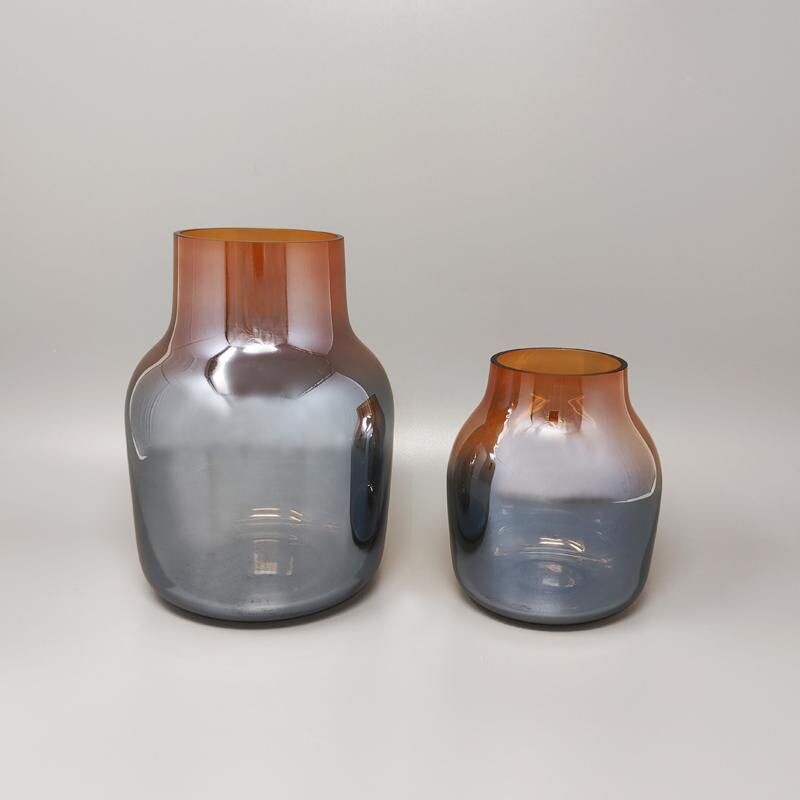 Paire de vases vintage orange et gris en verre de Murano par Seguso, Italie 1970