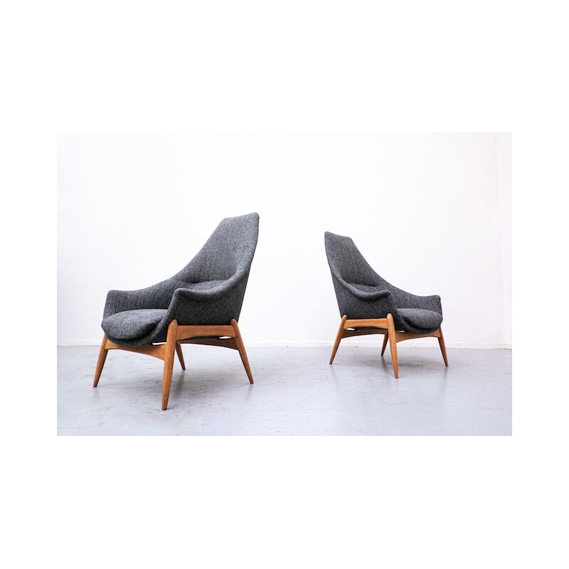 Pair of vintage grey fabric armchairs by Julia Gaubek, Hungary 1950s