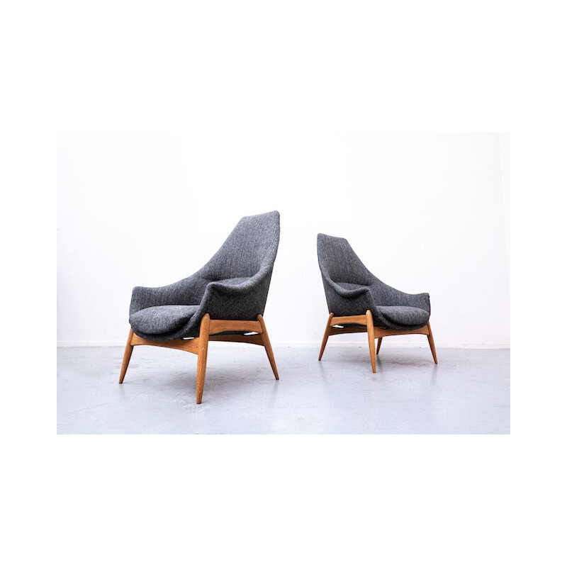 Pair of vintage grey fabric armchairs by Julia Gaubek, Hungary 1950s