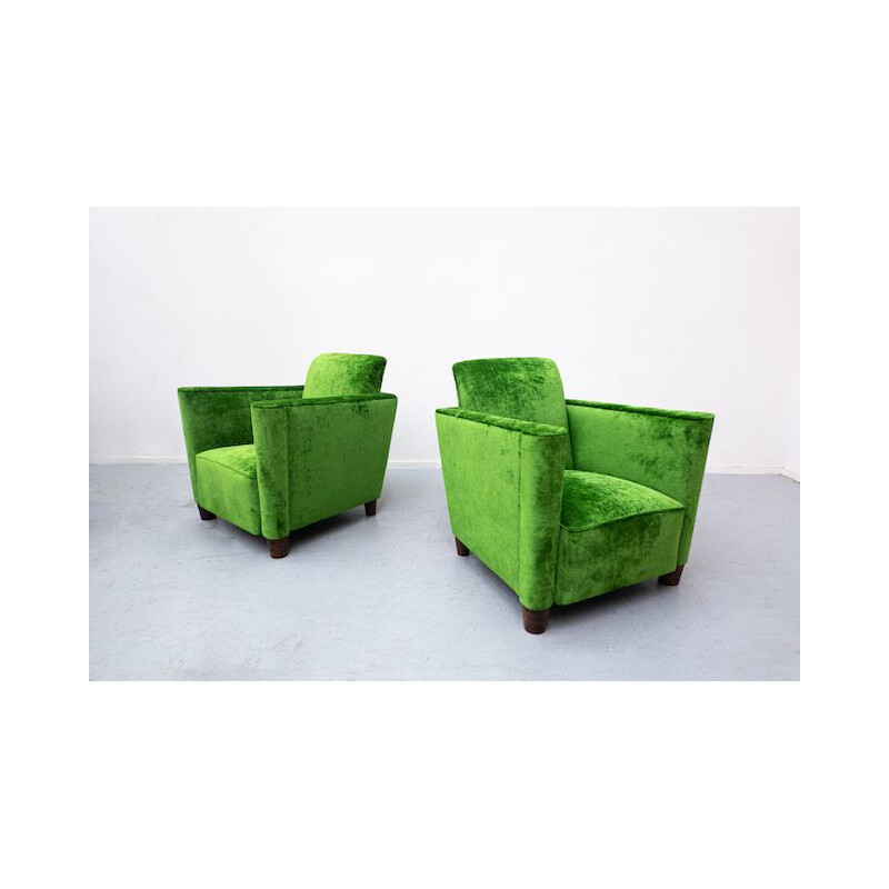 Paar vintage groen fluwelen fauteuils, 1940