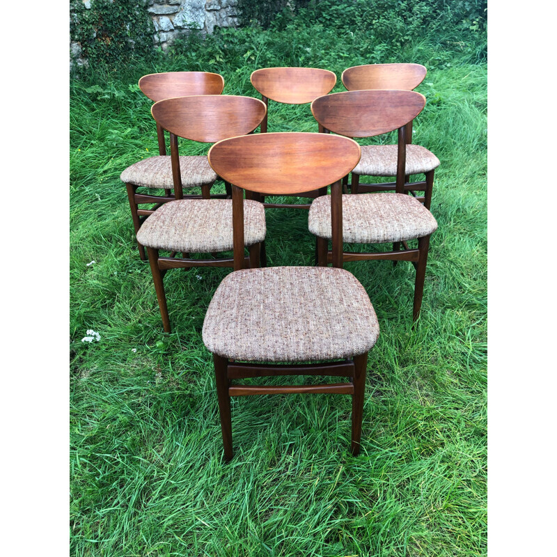 Set of 6 vintage Scandinavian chairs in teak and marled brown and white wool, 1960s