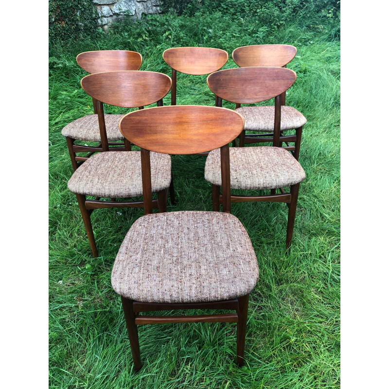 Set of 6 vintage Scandinavian chairs in teak and marled brown and white wool, 1960s