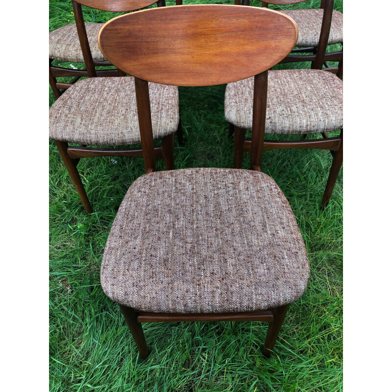 Set of 6 vintage Scandinavian chairs in teak and marled brown and white wool, 1960s