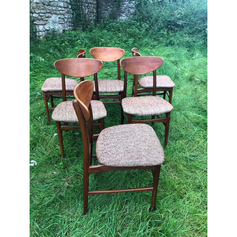 Lot de 6 chaises scandinaves vintage en teck et laine chiné marron et blanc, 1960